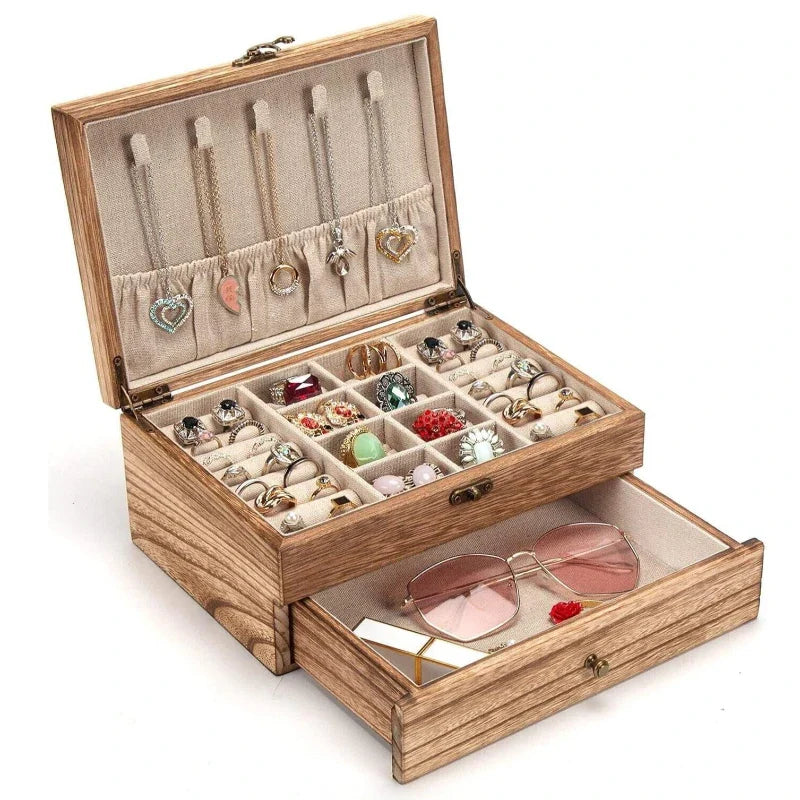 Vintage Solid Wood Jewelry Box – Two-Layer Necklace & Earring Display with Mirror