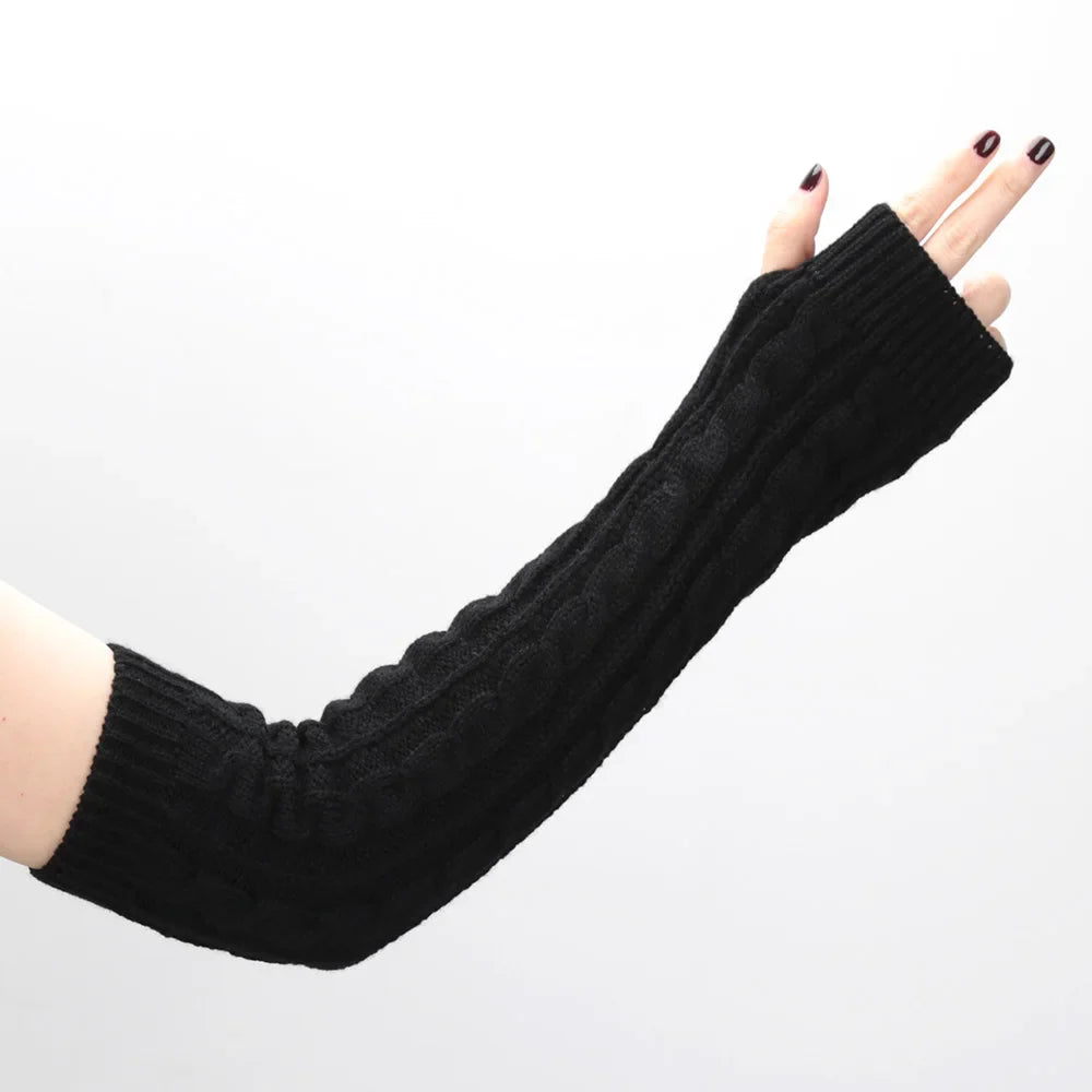 Women’s Knit Long Fingerless Gloves – Over Elbow Arm Warmers Wrist Sleeves, Fashion Half Hand Mittens for Casual & Gothic Style (Black)