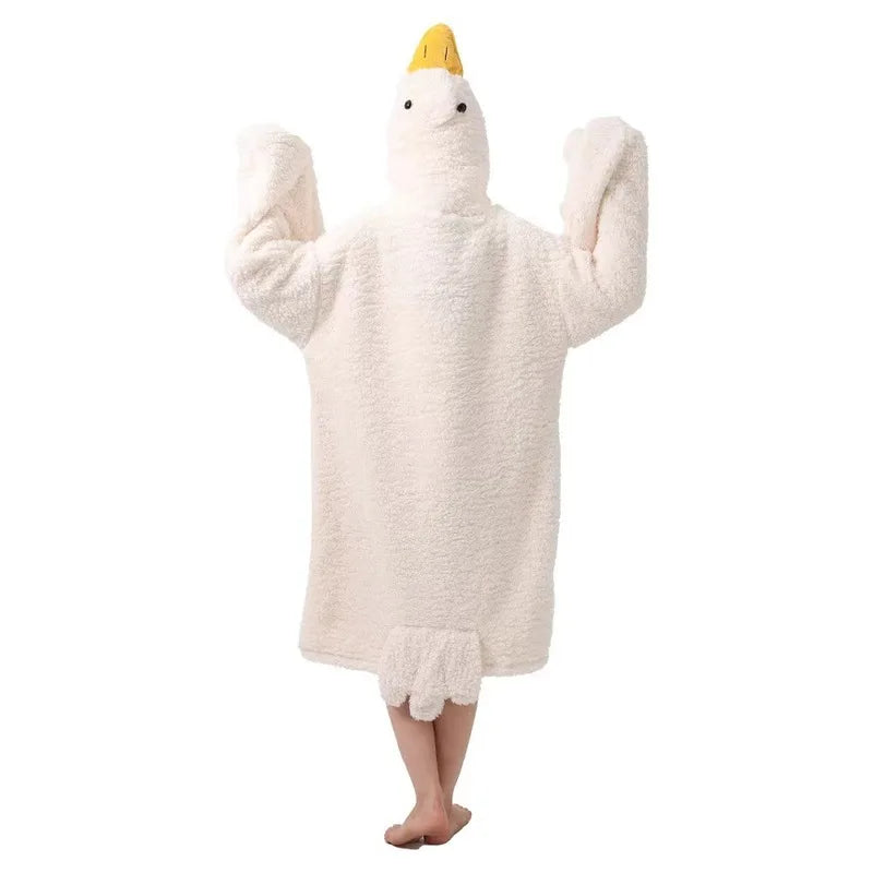 Thick Coral Fleece Goose Hooded Robe - Cute Cartoon Couple Pajamas, Funny Cosplay Nightgown & Cozy Home Sleepwear