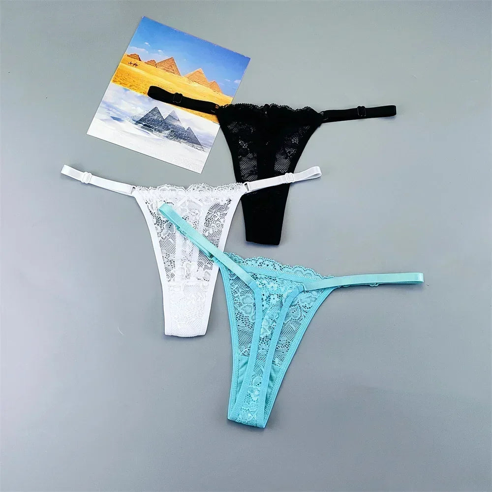 Women's Transparent Lace Thong Set - 3PCS Adjustable Low Waist Sexy T-Back Underwear