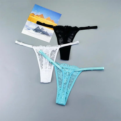 Women's Transparent Lace Thong Set - 3PCS Adjustable Low Waist Sexy T-Back Underwear