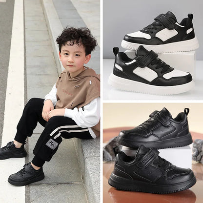 Kids' Black Leather Sneakers – Non-Slip Casual Walking & Tennis Shoes for Boys and Girls