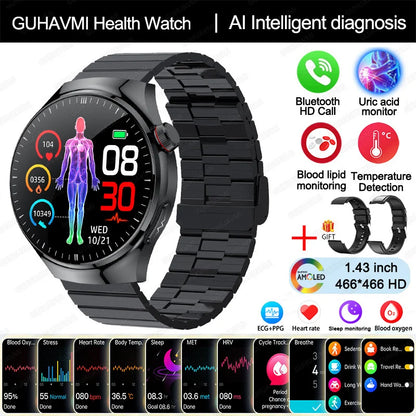 2025 Nursing-Grade Smartwatch — Blood Oxygen, Lipid, Uric Acid, ECG+PPG, Body Temperature & Bluetooth Call Health Tracker