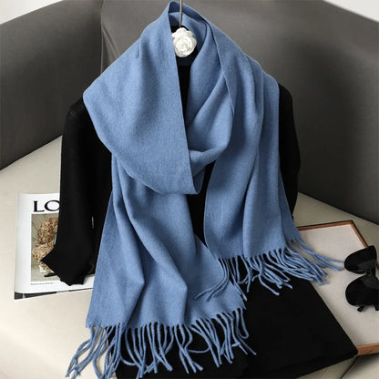 62-Color Solid Women’s Winter Scarf — Thick Warm Cashmere Pashmina Shawl with Tassels, Outdoor Luxury Wrap, Windproof Fashion Scarf