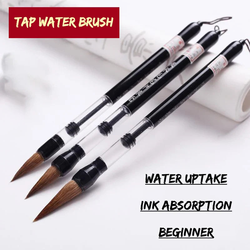 3PCS Calligraphy Brush Set – Water Storage Ink Pens with Automatic Suction, Wolf Hair Soft Round Tip Writing & Painting Brushes