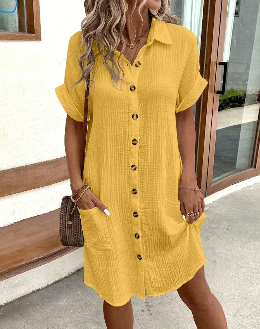 Vintage Women’s Cotton Linen Mini Dress – Summer V-Neck Casual Three-Quarter Sleeve Holiday Dress