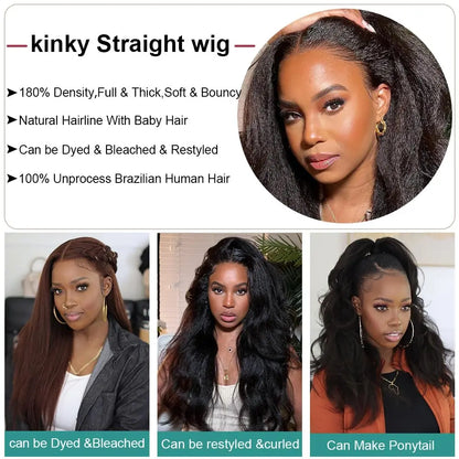Kinky Straight Lace Front Wig – HD Transparent Remy Human Hair, Glueless Lace Part Wig for Women