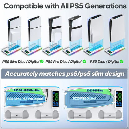 PS5/PS5 Slim/PS5 Pro Stand – Cooling Stand with Headphone Hook, Controller Charging Station & 3-Level Cooling Fan