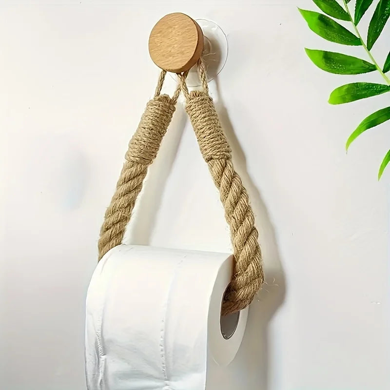 Rustic Hemp Rope Toilet Paper Holder – Self-Adhesive Wall Mount Bathroom Tissue Holder with Wooden Knob, Natural Braided Bathroom Decor