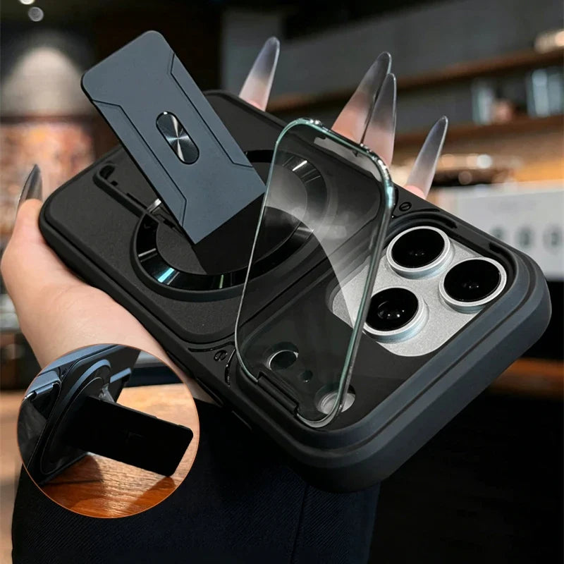 MagSafe Magnetic Armor Case - Foldable Stand & Camera Lens Protection for iPhone 11-17 Series