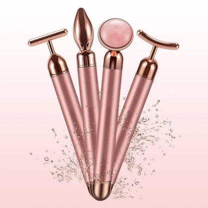 4 in 1 Vibrating Rose Quartz Roller - T/V Shaped Face and Eye Massager for Lifting, Slimming, and Beauty Care