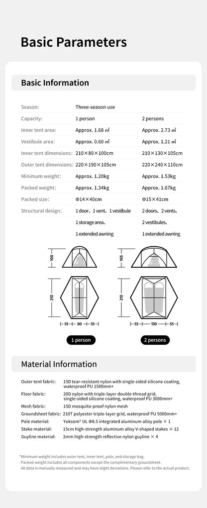 Naturehike Mongar UL Hiking Tent – 1-2 Person Ultralight Waterproof 15D Nylon Backpacking Tent