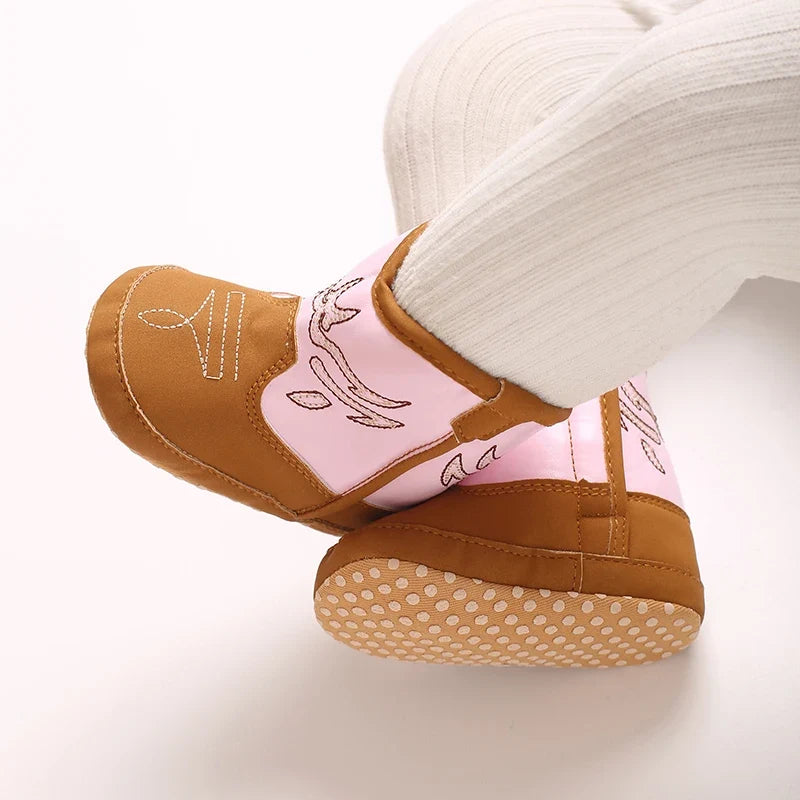 Western Cowboy Baby Boots - Soft Sole Embroidered Pre-Walker Shoes for Newborn Girls 0-18M