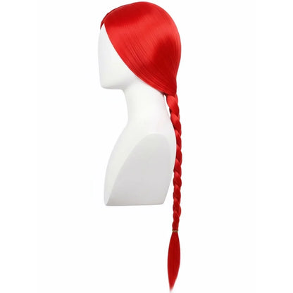 Red Long Straight Wig with Braided Ponytail - Yellow Bow Synthetic Cosplay Hair