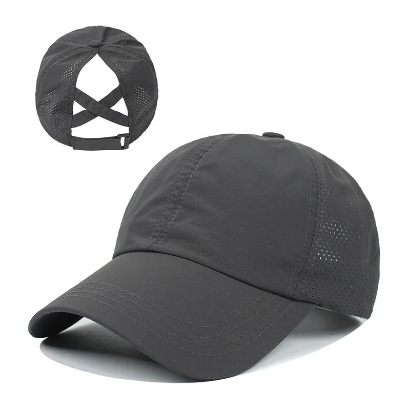Summer Solid Color Baseball Cap – Quick-Drying Mesh Golf & Sports Hat for Women, Cross Ponytail Design, Men's Peaked Cap