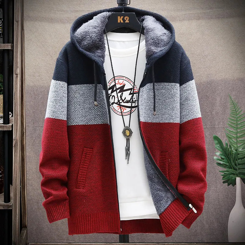 Men's Autumn Winter Fleece Cardigan Sweater - Zipper Velvet Contrast Stripe Casual Warm Jacket Coat