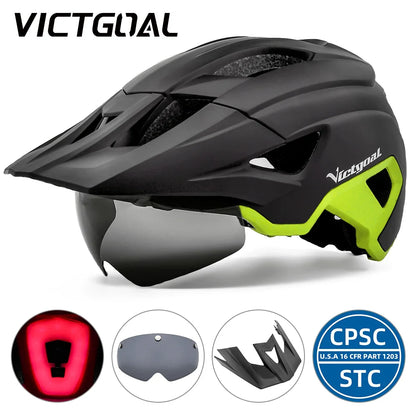 VICTGOAL LED Bike Helmet – Rechargeable Men’s Cycling Helmet with Sun Goggle Visor & Sunglasses Shield for Road & MTB Cycling