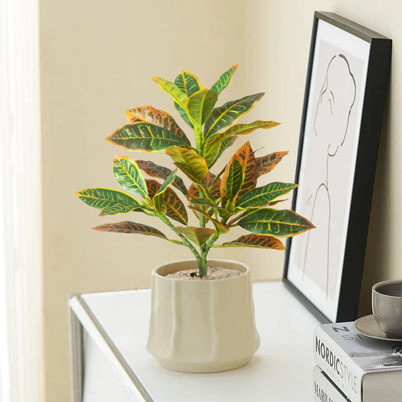 24–41cm Artificial Ficus & Banyan Tree Branch – Tropical Fake Codiaeum Leaf Plant for Home, Garden & Indoor Decor