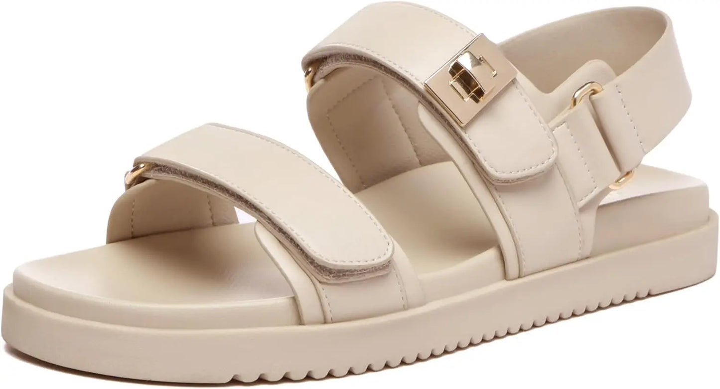 Women’s Flat Leather Sandals – Adjustable Double Strap Slip-On Comfort Footbed Shoes