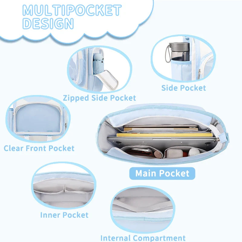 TINYAT Y2K Ita Bag — Waterproof Transparent School Backpack & Crossbody Bag for Girls with Cute Cat Ears