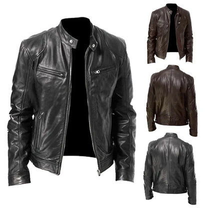Men’s Slim Fit Motorcycle Leather Jacket – Short Lapel PU Zipper Windproof Coat for Autumn