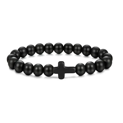 Natural Stone & Wood Bead Rosary Bracelet - Hematite Cross Meditation & Yoga Jewelry for Men & Women