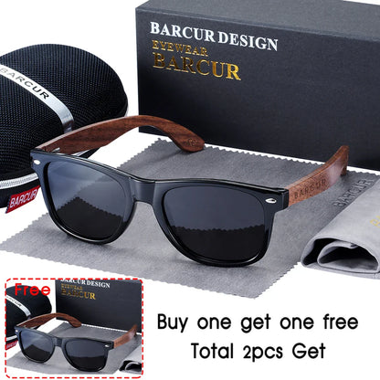 BARCUR Black Walnut Wood Polarized Sunglasses for Men – High-Quality Square UV400 Eyewear with Original Box
