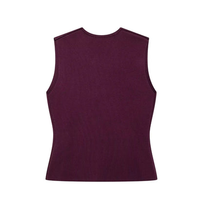 TRAFZA 2025 Women’s Wine Red Skirt Set – Knitted V-Neck Vest with High Waist Zipper Patchwork Long Skirt