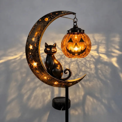 Halloween Garden Stake Light - Black Cat & Pumpkin Moon Outdoor Waterproof Metal Decor