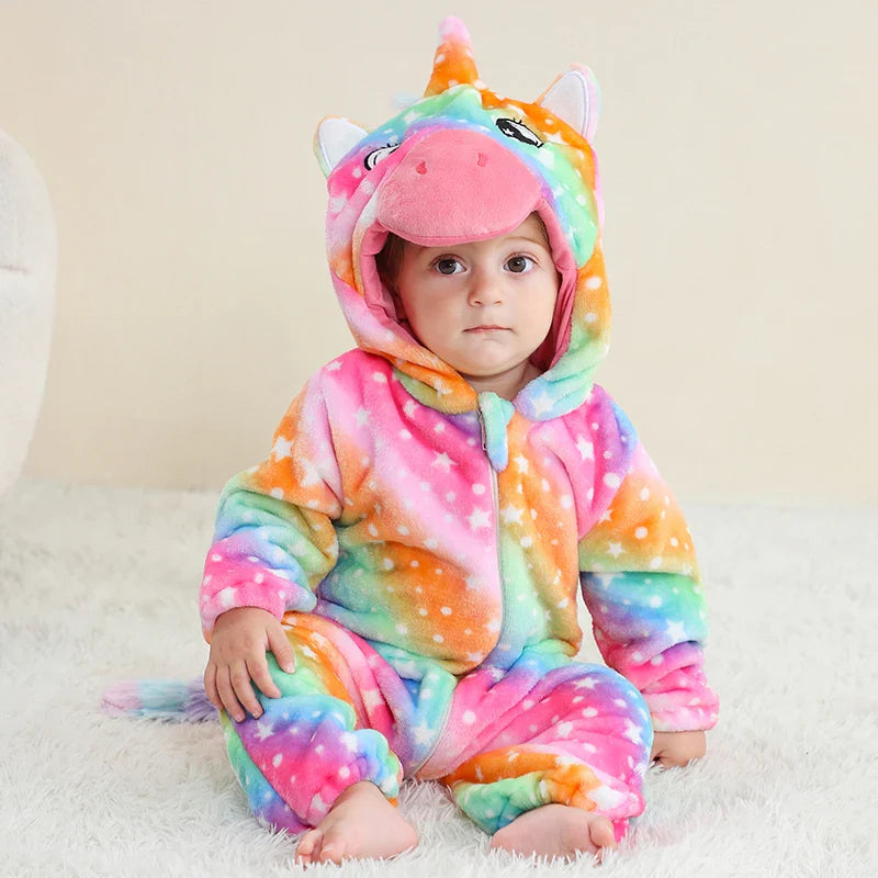 Cartoon Flannel Baby Romper – Unicorn, Rabbit & Dinosaur Pajamas, Cotton Kigurumi Jumpsuit for Boys & Girls