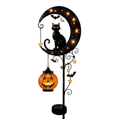 Halloween Garden Stake Light - Black Cat & Pumpkin Moon Outdoor Waterproof Metal Decor