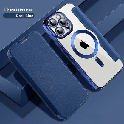 Electroplated Flip Leather Case for iPhone 16, 15, 14, 13, 12 & 11 Plus Pro Max – Luxury MagSafe Wireless Charging Protective Cover