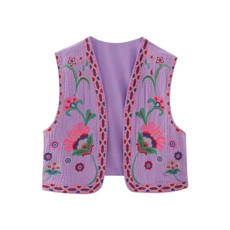 KEYANKETIAN Women's Vintage Floral Embroidered Open Waistcoat – National Style Vest Jacket, Casual Vacation Crop Top