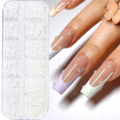 12-Grid 3D Glass AB Crystal Nail Art Rhinestones Kit – Flatback Round Beads with Tools for Nail Jewelry & Diamond Decoration