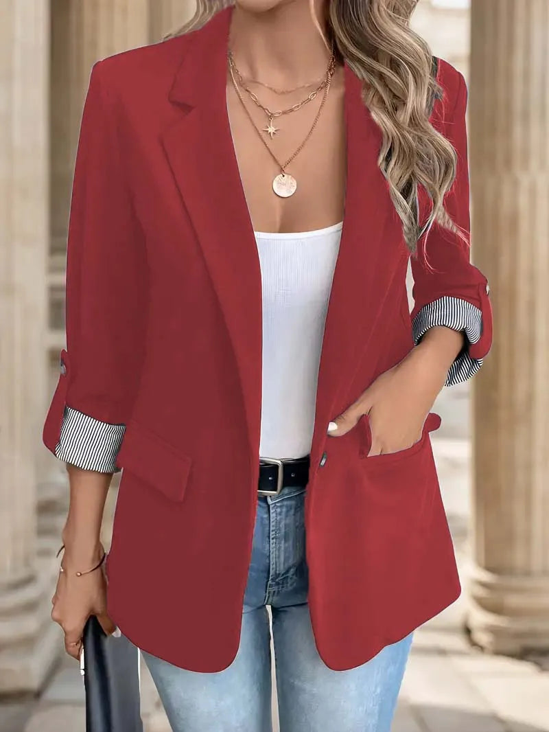 Women’s Casual Slim Fit Jacket - Rolled Sleeve Button Up Fashion Suit Blazer