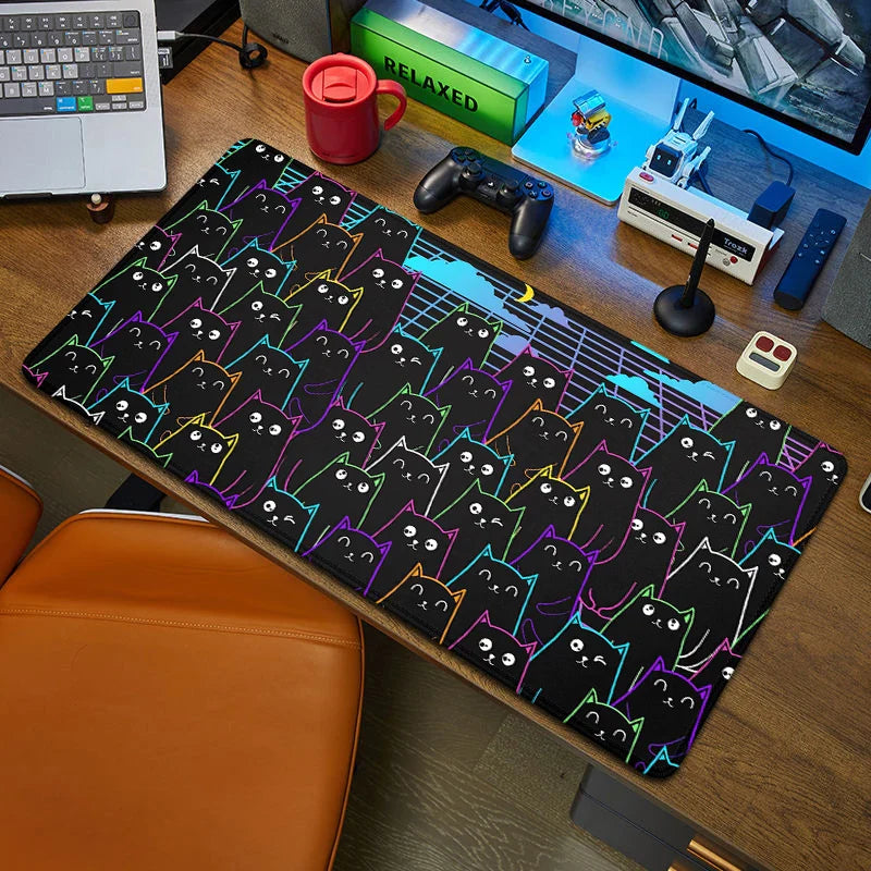 Black Cat Large Mouse Pad 90x40 — Kawaii Black & White Desk Mat for Computer & Office