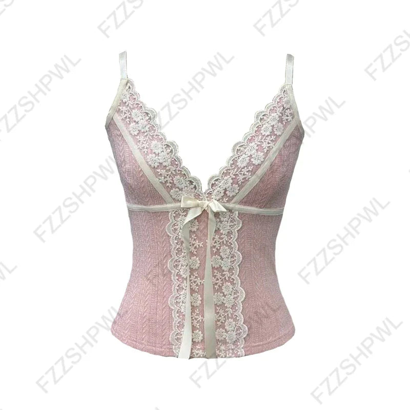 Women’s Grunge Punk Gothic Camisole Top – Y2K V-Neck Bow Lace Slim Fit Crop Cami Streetwear