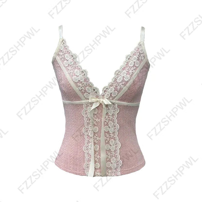 Women’s Grunge Punk Gothic Camisole Top – Y2K V-Neck Bow Lace Slim Fit Crop Cami Streetwear