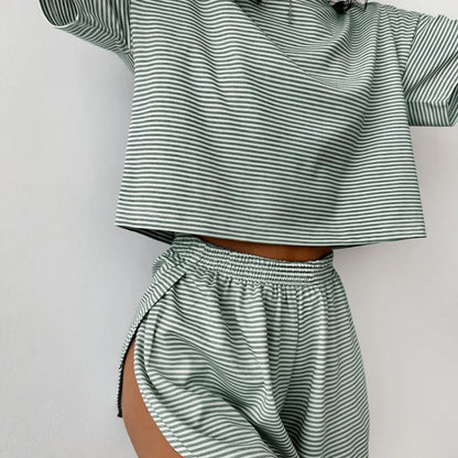 Women's Stripe 2-Piece Pajamas Set – Short Sleeve Top & Shorts Casual Sleepwear