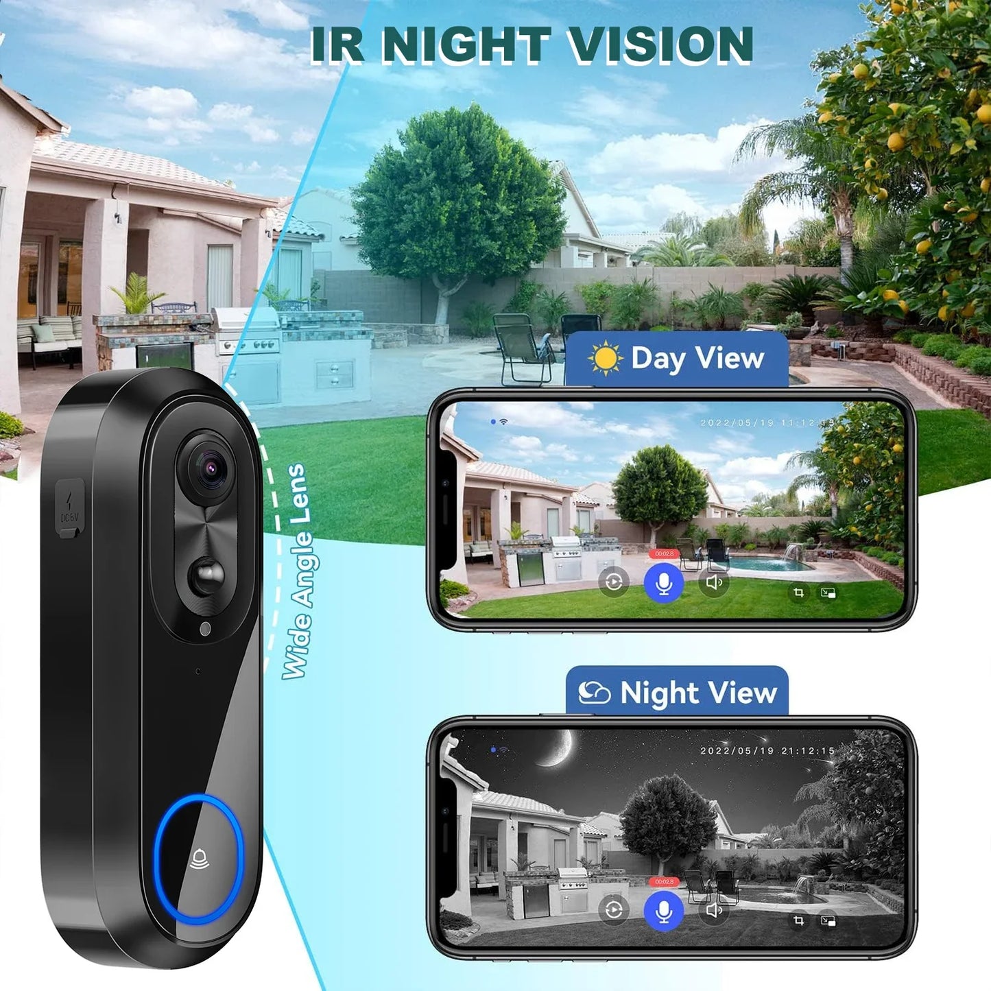 5G/2.4G WiFi 1080P Wireless Video Doorbell — Tuya App Smart Intercom, IP65 Waterproof, 7000mAh Battery