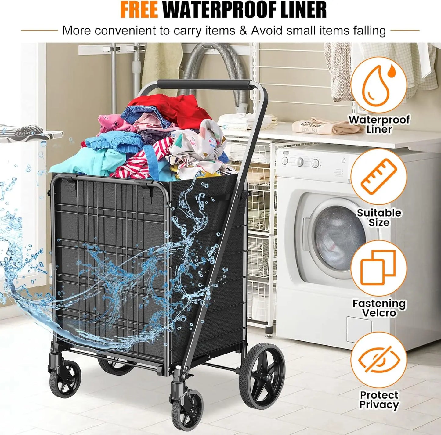 Extra Large Collapsible Grocery Cart on Wheels — Heavy Duty Shopping Cart with Baskets & Waterproof Liner