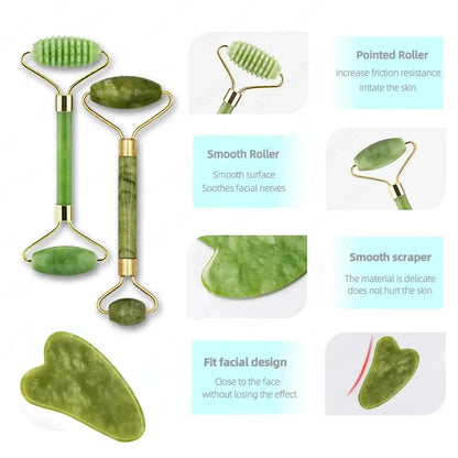 Jade Gua Sha Face Massager Roller - Facial Gouache Lifting & Body Slimming Massage Tool for Neck and Skin Care