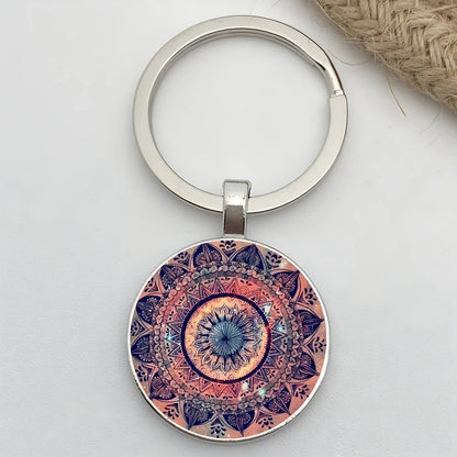 Retro Mandala Flower Yoga Keychain – Buddhist Chakra Glass Car Keyring for Men & Women Spiritual Jewelry Gift Accessory