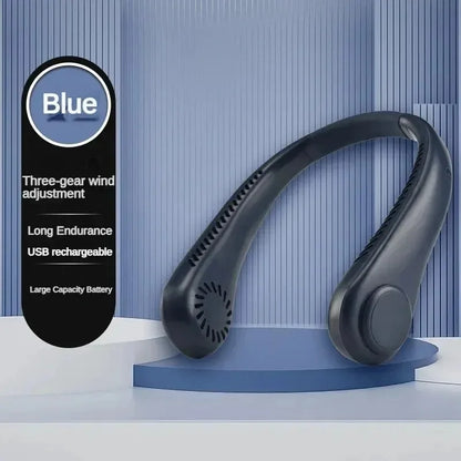 USB Rechargeable Hanging Neck Fan – Adjustable Mini Leafless Personal Cooler with Strong Airflow for Outdoor Use