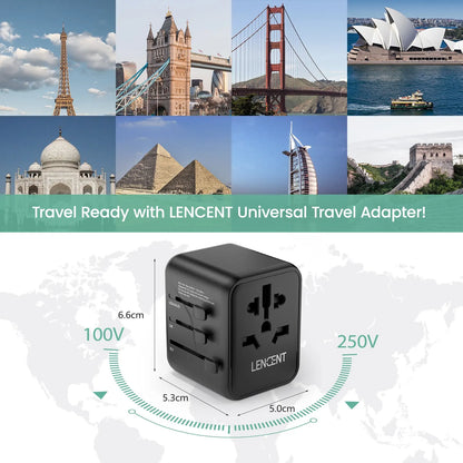 LENCENT International Travel Adapter – All-in-One Charger with 2 USB Ports, EU/UK/USA/AUS Plugs for Worldwide Travel