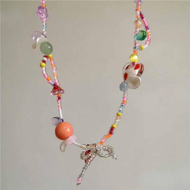 Y2K Strawberry Charm Choker Necklace - Ceramic Dog Pendant Acrylic Beaded Colorful Bow Aesthetic Jewelry for Women