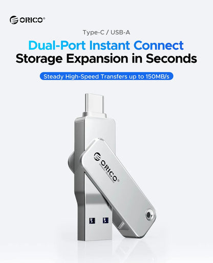 ORICO 128GB Dual USB-C & USB-A Flash Drive – 2-in-1 USB 3.2 Type-C Portable Thumb Drive Storage