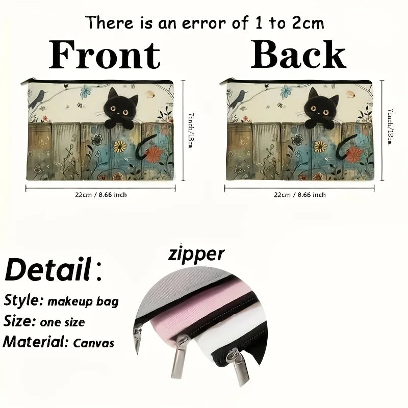 Black Cat Floral Zipper Pouch - Vibrant Fade-Resistant Cosmetic Bag for Cat Lovers