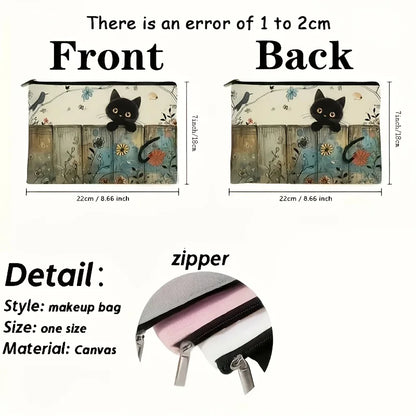Black Cat Floral Zipper Pouch - Vibrant Fade-Resistant Cosmetic Bag for Cat Lovers