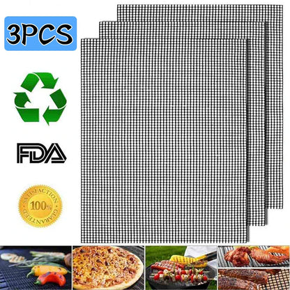 3-Pack Non-Stick Perforated BBQ Grill Mesh Mats — Reusable Heat-Resistant Oven & Baking Sheets for Outdoor Grilling
